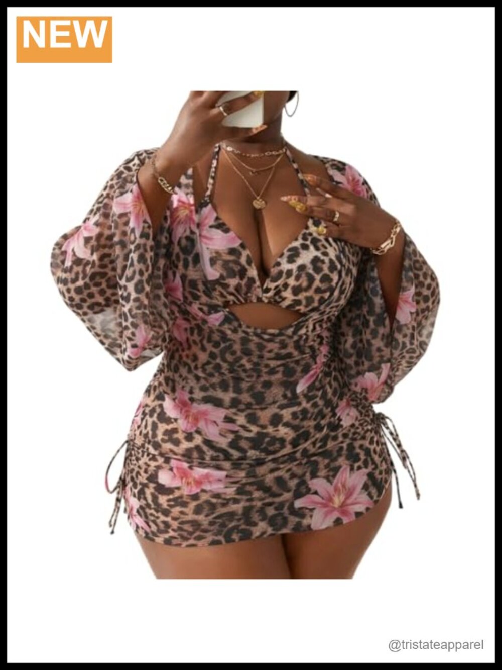 Plus Size 3 Piece Bikini Set Halter Triangle Top Cheeky Bottom Sheer Cover Up